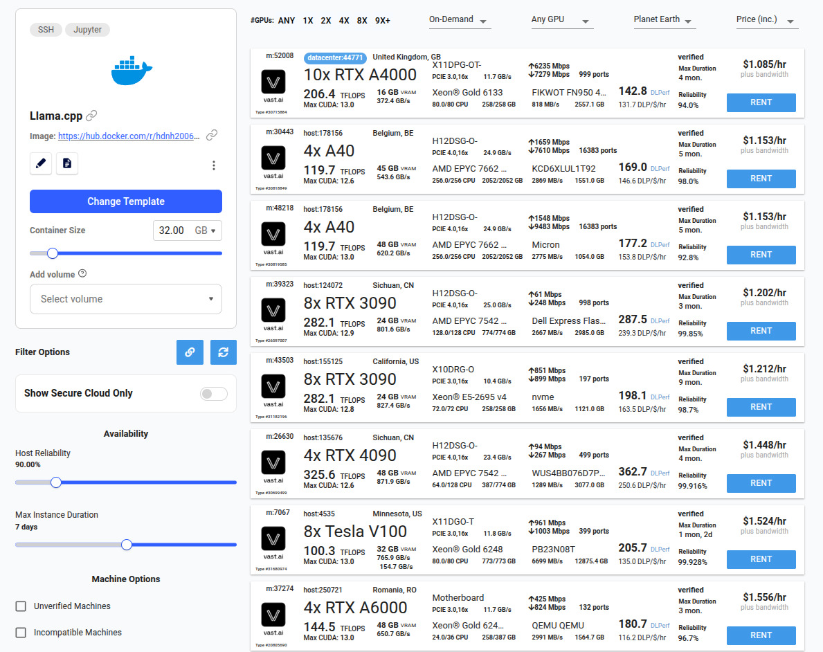 Vast.ai GPU rental setup interface