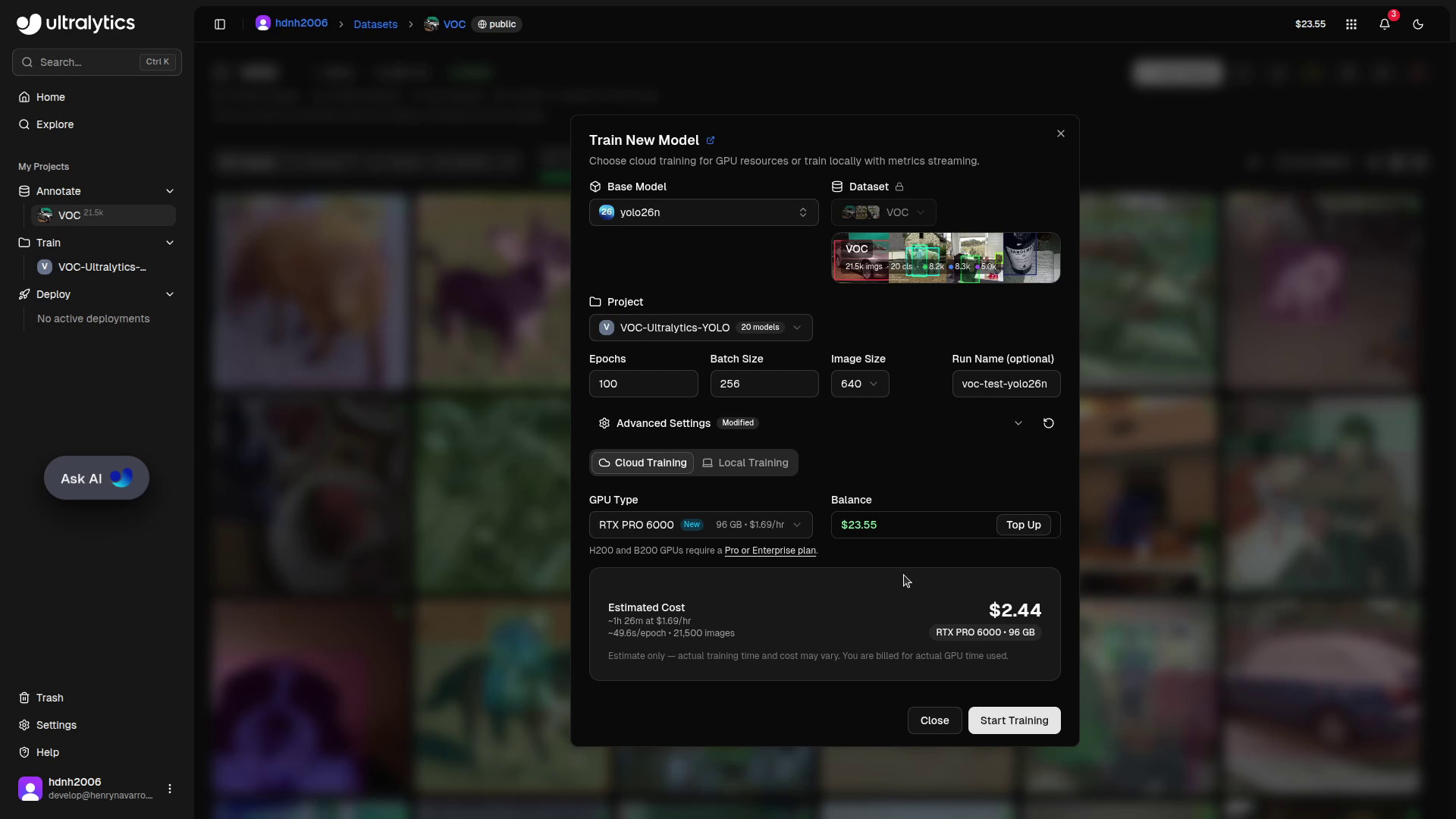 Training configuration in Ultralytics Platform. YOLO 26 Nano with GPU selection